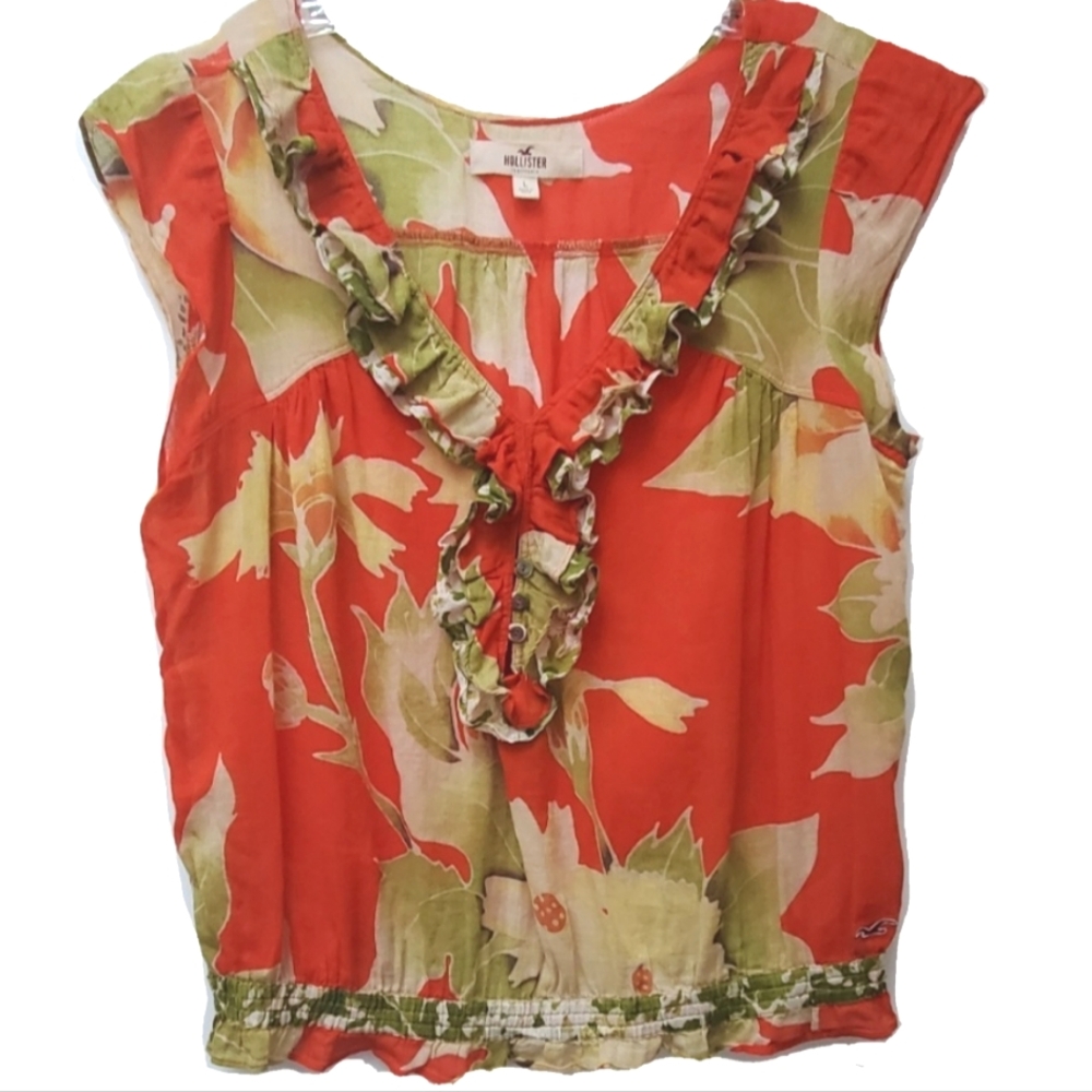 Y2K Hollister Red Floral Cotton Gauze Lightweight Ruffle Top Size Large